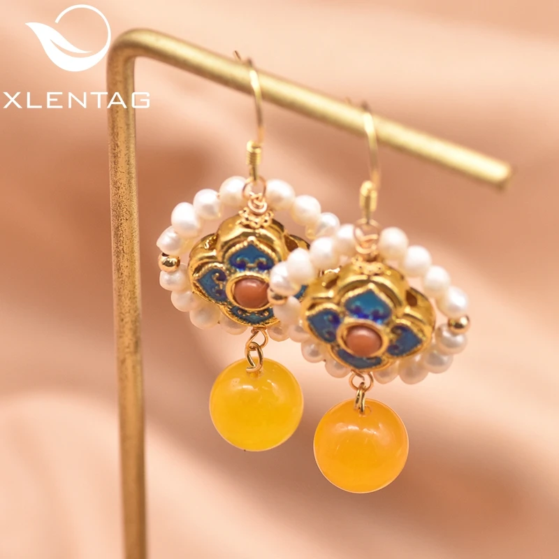 

XlenAg Natural Freshwater Pearl Topaz Earrings Cloisonne Style Luxurious Bride Ladies Gift 925S Earring Jewelry Joyas GE0980