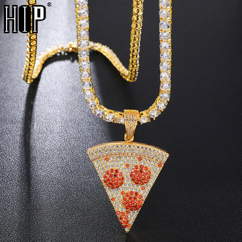 Кулон и ожерелье для мужчин в форме пиццы с кубическим цирконием стиле хип-хоп |