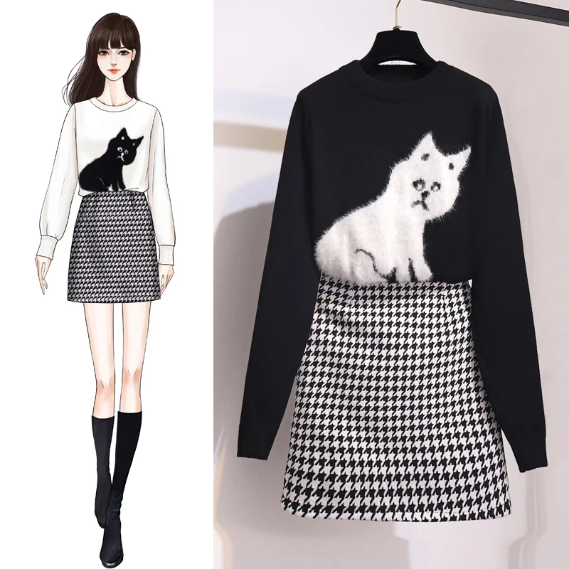 

Loose Kitten New Winter Sweater Plover Case Skirts Two-Piece Outfit Women Cartoon Knitted Top Knitwear Korean Fashion Suit
