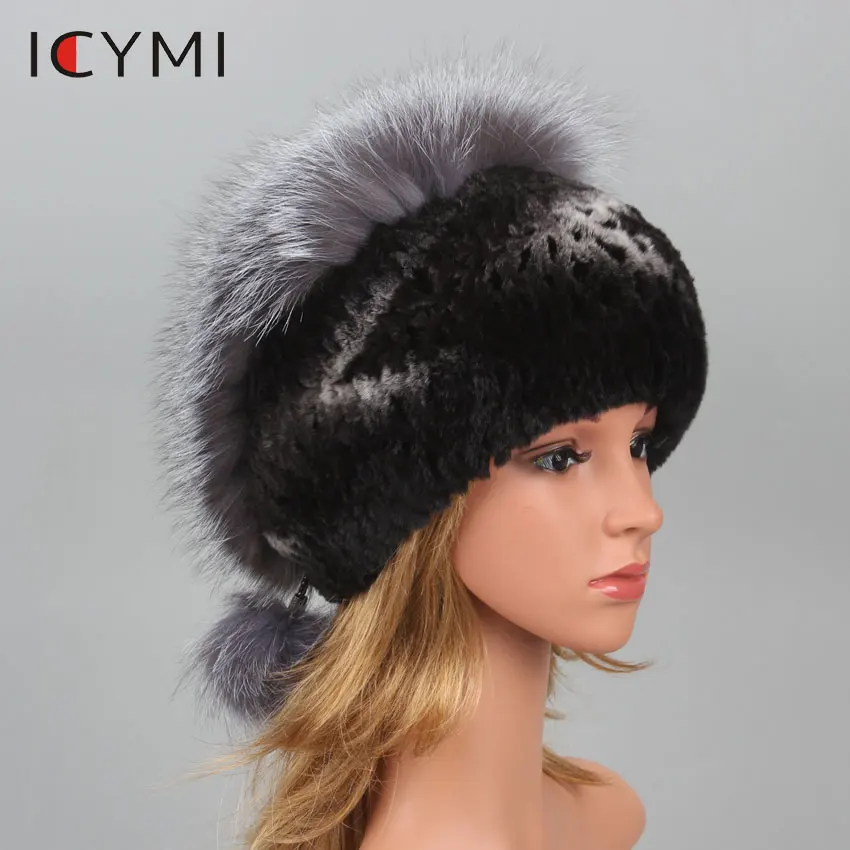 

ICYMI Women Warm Genuine Fur Hats Natural Rex Rabbit Fur Fox Skin Top Mushroom Shape Caps 2019 Winter New Female Casual Beanies