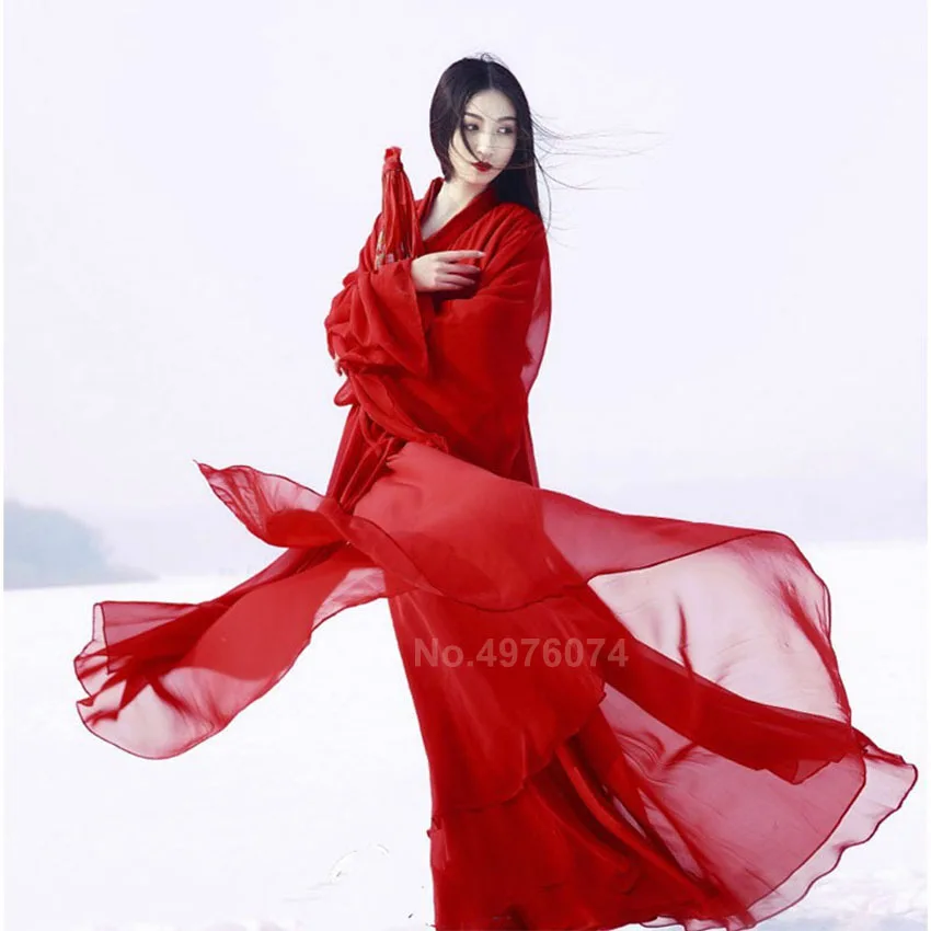 

Традиционное Восточное китайское платье ханьфу для женщин, однотонные красные шифоновые костюмы для народных танцев, Женский винтажный ко...