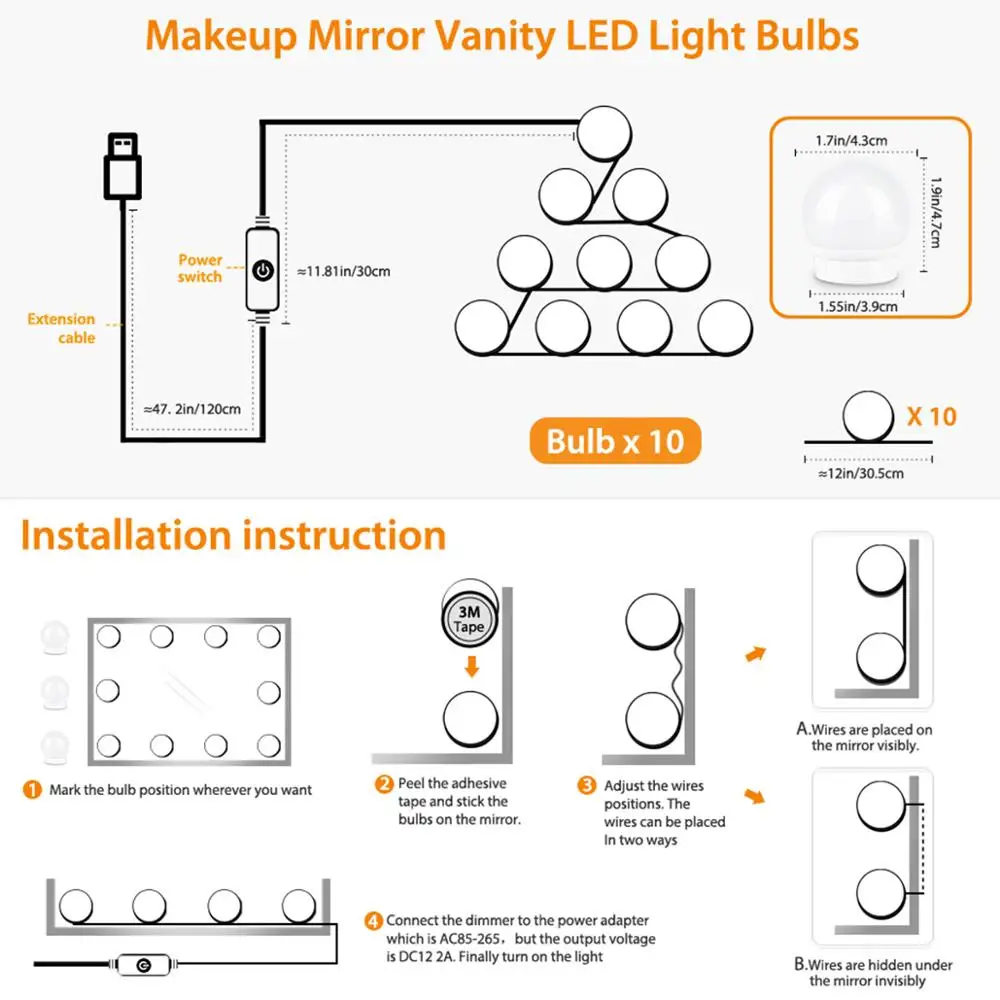

LED 12V Makeup Mirror Light Bulb Hollywood Vanity Lights Stepless Dimmable Wall Lamp 6 10 14Bulbs Kit for Dressing Table