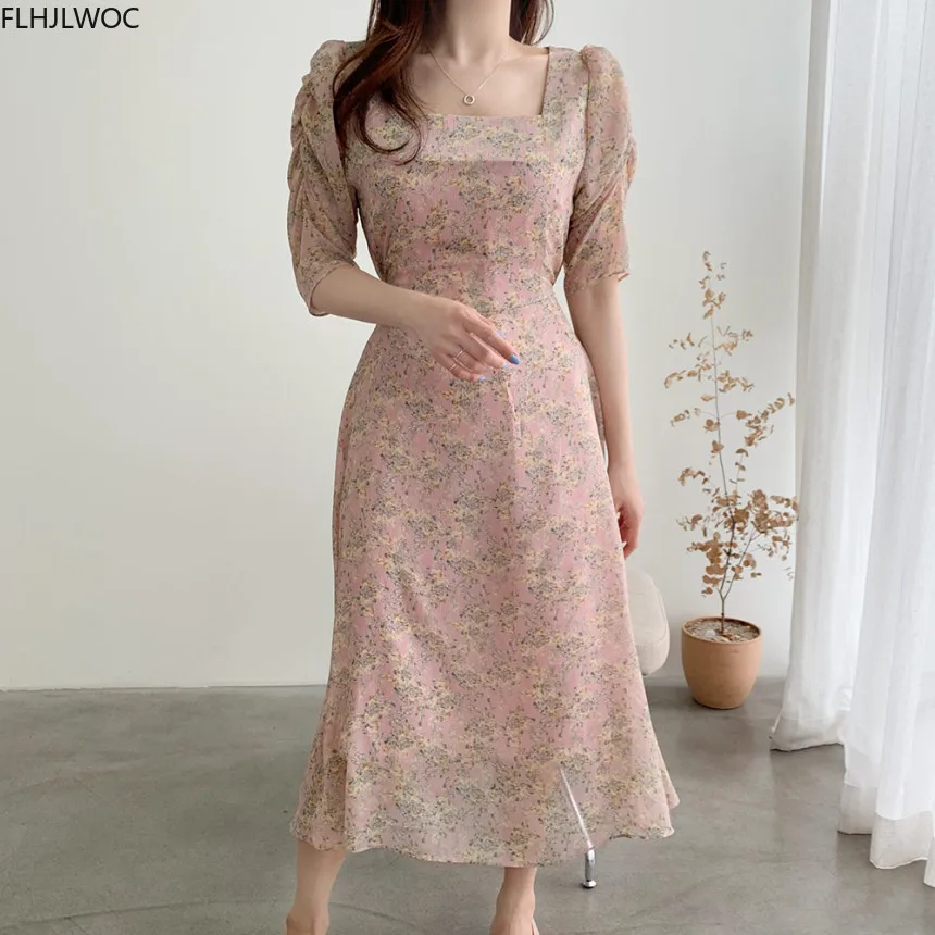 Korean Chic Dress Elegant Office Lady Temperament New 2020 Floral Print Square Collar A Line Retro Vintage Green Vestidos | Женская