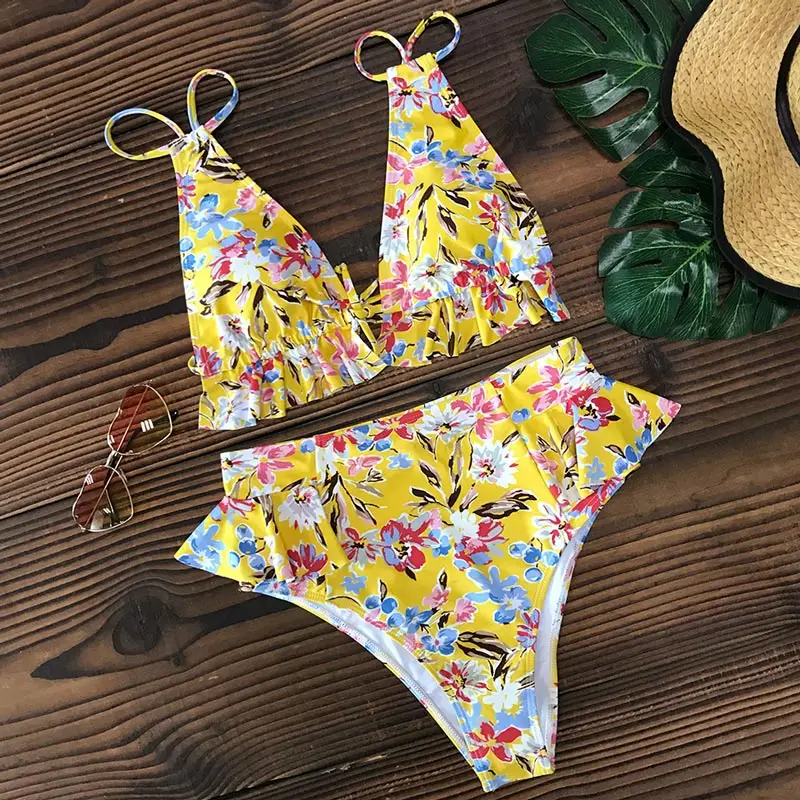 Yellowfloral Новинка, сексуальный купальник бикини с высокой талией, женская одежда для плавания, купальник с пуш-ап, бикини с оборками, купальник, бандаж, пляжная одежда, купальник для женщин - Цвет: Yellowfloral
