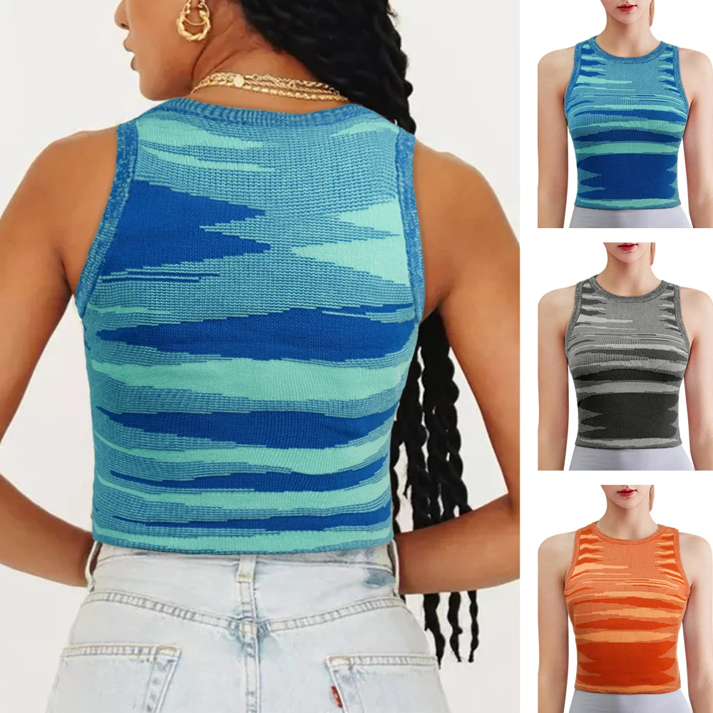 

Women Basic Round Neck Racerback Tank Tops Ribbed Knit Crop Tops Sleeveless Off Shoulder Y2K Stripe Print Sleeveless Shirts