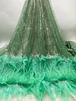 2021luxury lace elegant sequins tulle fabric cassic green high end quality feathers embroidery fabric for party dress nn669_k