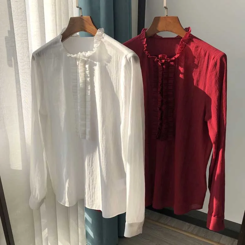 

Shirt Organ Women Pleated Lace High Count Thin Cotton Slightly Wrinkled Texture Long-Sleeve Shirt