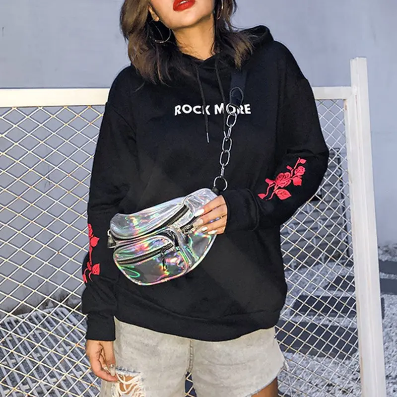 Гот Харадзюку зимние толстовки оверсайз Для женщин с принтом роз свободные