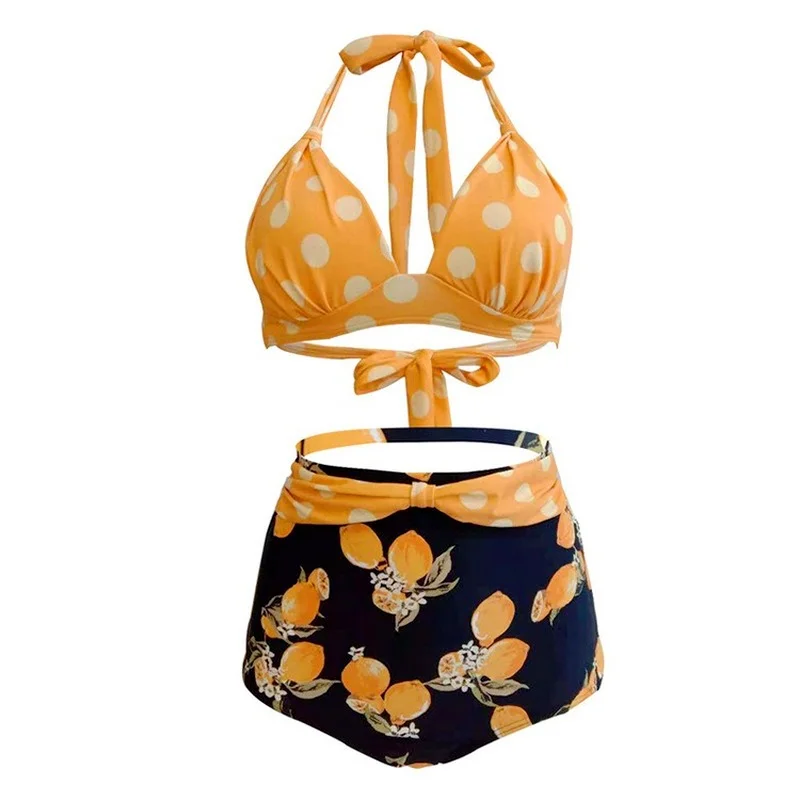 

Dot Halter 2 Pieces Sets Womens Floral Print High Waist Bathing Suits 2021 Summer Woman's Swimwear Cute Blue Beach Bikini Set