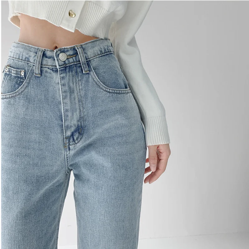 

TVVOVVIN женские джинсовые брюки с высокой талией, с разрезом, осенние корейские Простые повседневные универсальные прямые потертые женские дж...
