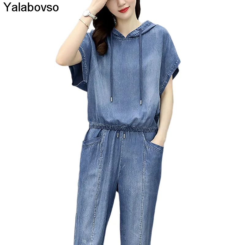 

2021 New Summer Wear Casual Sports Fashion Large Size Women's Two Piece Suit Foreign Style Fashionable Denim Sets For Women