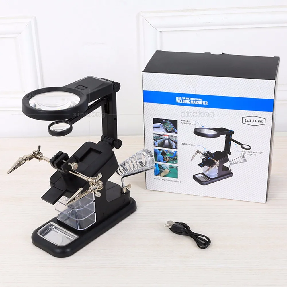 

Welding Magnifying Glass 3X-25X Lens LED Auxiliary Clip Soldering Iron Stand Desktop Magnifier Third Hand Repair Stand Station