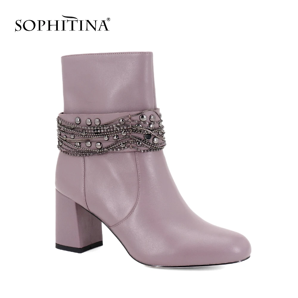 

SOPHITINA Black Genuine Leather Ankle Boot Metal Chain Square Heels Handmade Shoes Warm Office Lady Solid Retro Woman Boots B79