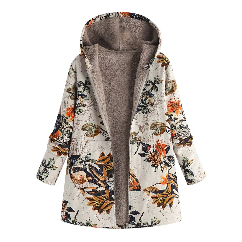 Women Winter Coat Parkas Casual Floral Print Hooded Zipper Cotton Warm Vintage Pocket Loose Thick Plus Female Outwear#3s | Женская