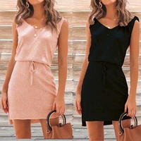 bikoles summer new casual solid looes v neck sleeveless empire women mini dress sashes knitted bow split patchwork ladies basic