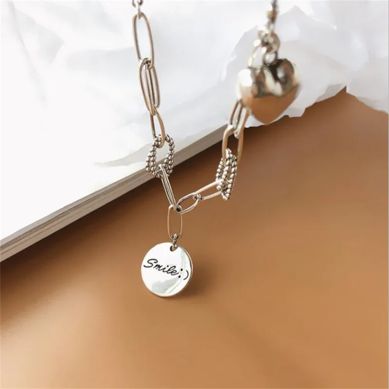 

Korean Silver Color Fashion Smiling Face Round Card Chain Heart-shaped Love Gift Jewelry Necklace for Women SN113