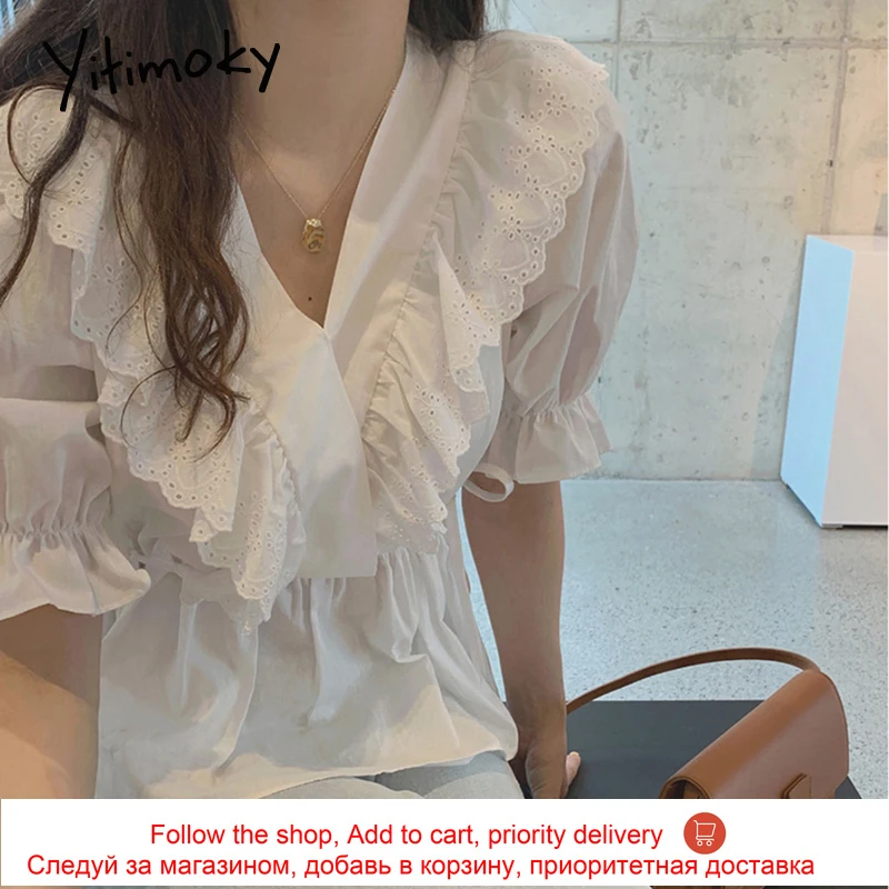 

Yitimoky Ruffles Plus Size Womens Blouses Puff Sleeve Top Korean Fashion Clothing Summer V-Neck Straight Casual New White