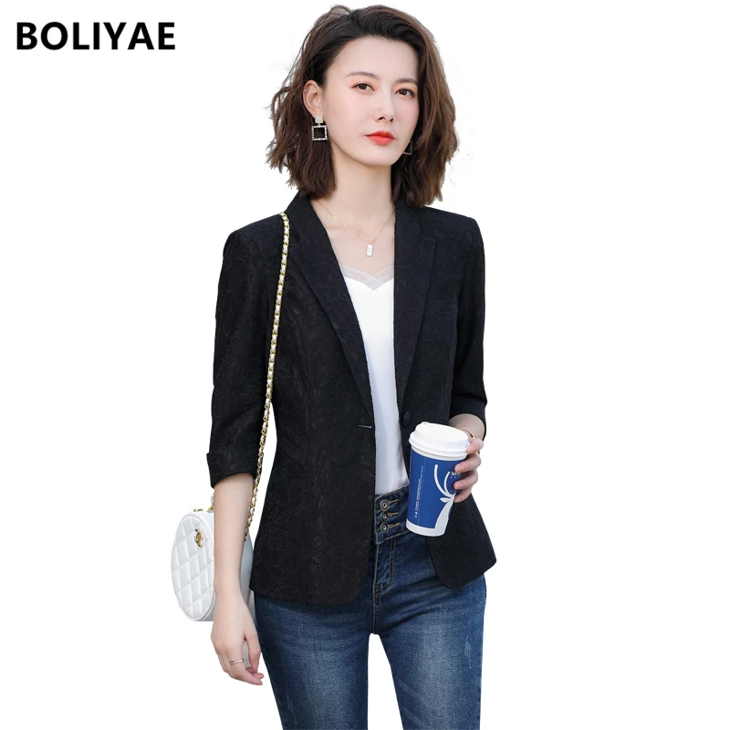 Boliyae Elegant Women Blazer Half Sleeve Hollow Out Female Jacket Lace Patchwork Office Ladies Outwear Black White Plus Size Top