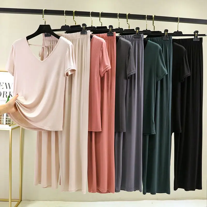 Summer New Modal V-neck Backless Pajamas Women's Wide Leg Pants Large Short Sleeve Home Suit Lady Sleepwear Female Nightwear