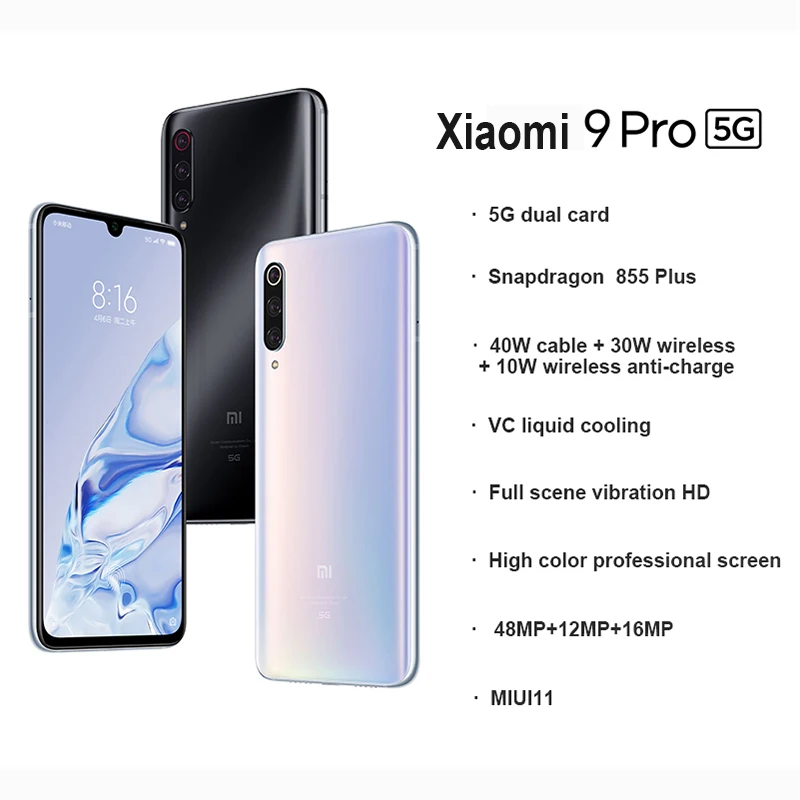 Оригинальный Xiaomi mi 9 pro Pro (5G) 8GB 256GB Смартфон Snapdragon 855 Plus 4000mAh аккумулятор 48MP Тройная