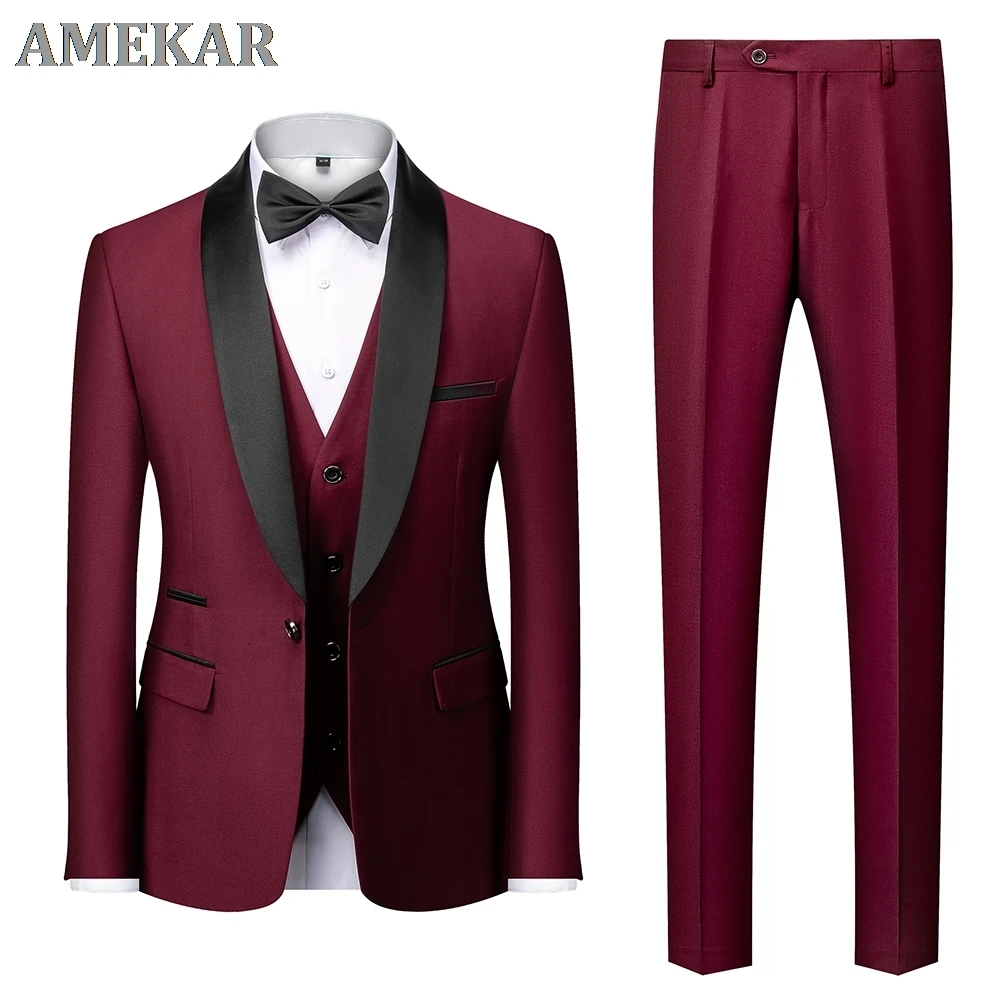 

Men Mariage Color Block Collar Suits Jacket Trousers Waistcoat Male Business Casual Wedding Blazers Coat Vest Pants 3 Pieces Set