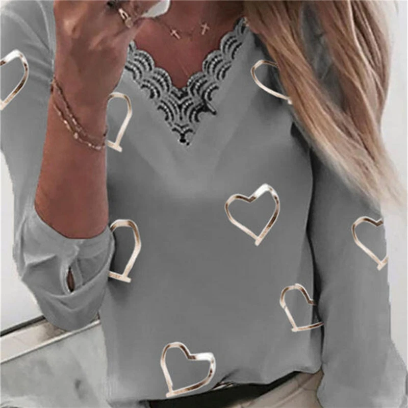 

Lace Elegant Blouses Office Women Hearts Print Blouses V-neck Lace Patchwork Long Sleeve Shirts Top Blouses