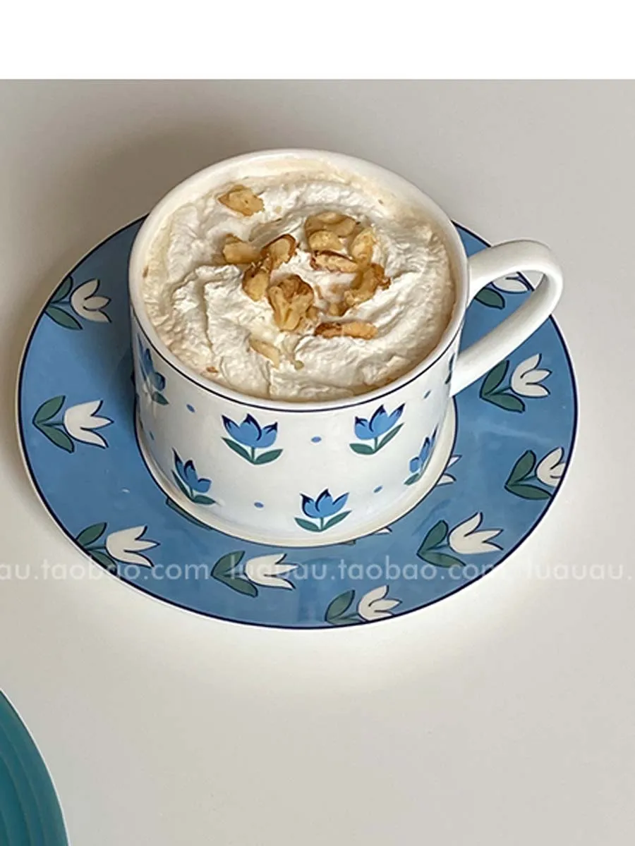 

French Style Flower Creative Coffee Cup Porcelain White Blue Cup Latte Decorative European Cute High Tea Tasse Cup Saucer AA50BD