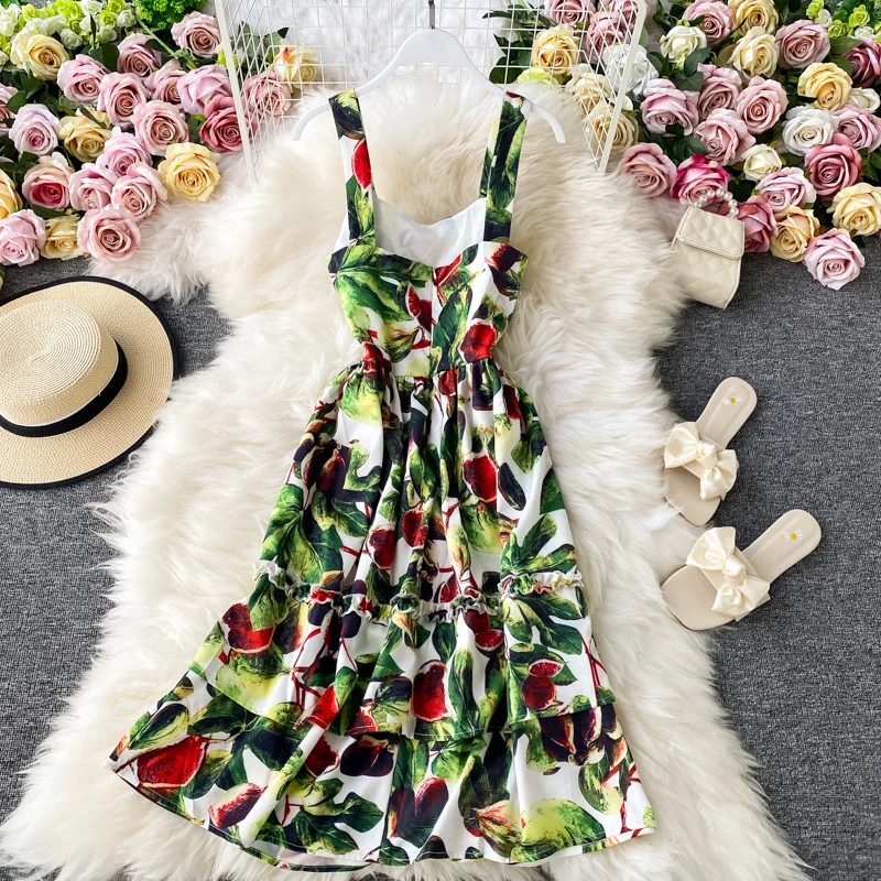 

Fashion Runway Designer Fruit Print Spaghett Strap Summer Dresses for Women 2021 Backless Casual Vacation Vestido Female Clothes
