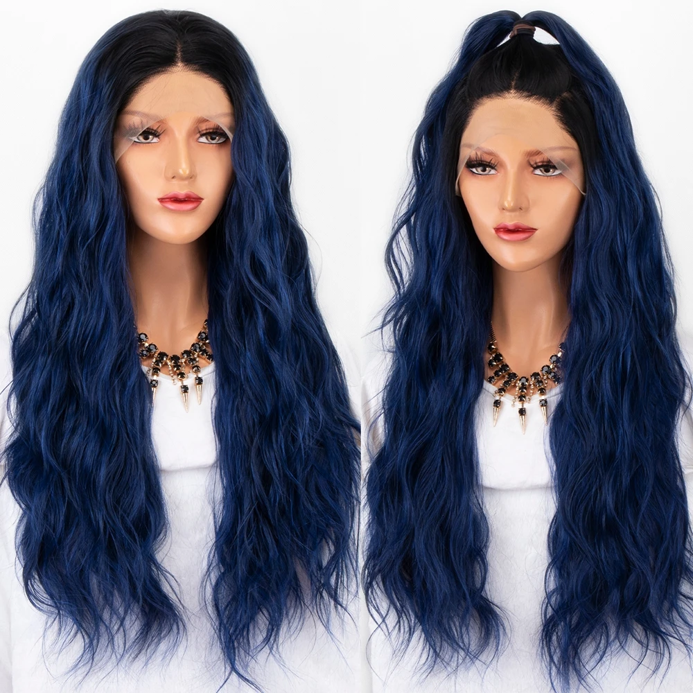 Kryssma Ombre Blue Synthetic Lace Front Wigs Loose Wave Ginger Wig for Black Women Heat Resistant Short Roots Natural Hairline