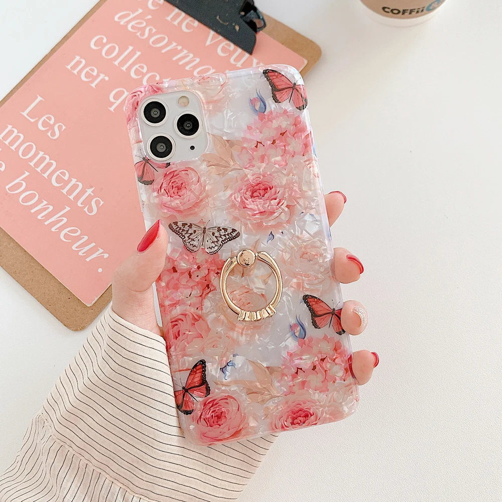 Чехол для телефона LOVECOM с розовым цветком и бабочкой кольцом на палец iPhone 12 Mini 11 Pro