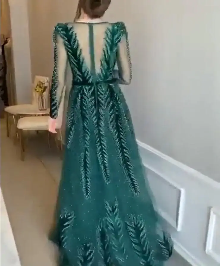Арабское Изумрудное зеленое вечернее платье для мусульманских женщин с длинным