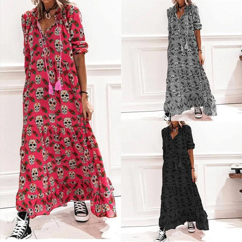 

2021 Women Dress Autumn Fashion Stand-up Collar Dress High Street Style Big Swing Skirt Skull Print Long Skirt For Women