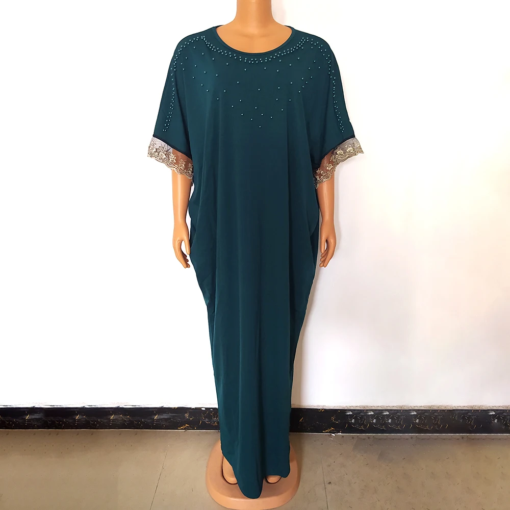 

Africa Maxi Dresses Women 2021 Abayas Boubou O-collar Short Sleeve Lace Patchwork Robe Beads Ladies Fashion Summer Robe Holiday