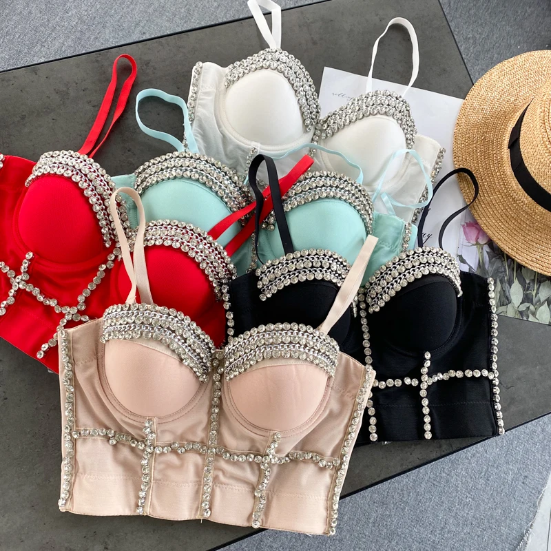 

Foamlina Rhinestone Decoration Crop Tops for Women Sexy Corset Tank Top Luxury Sparkle Push up Bra Fashion Club Outfits New Chic