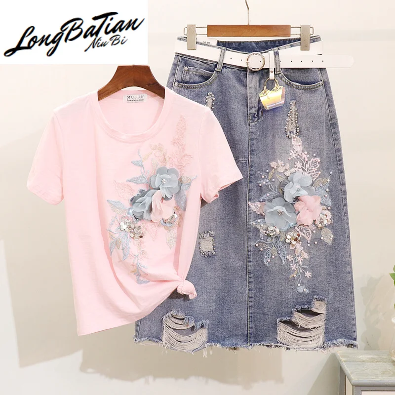 

Embroidery Tops T-shirt Holes Jeans Women Suit Casual Short Sleeve Summer Sequin T Denim Skirt Female Tee shirt 2pcs