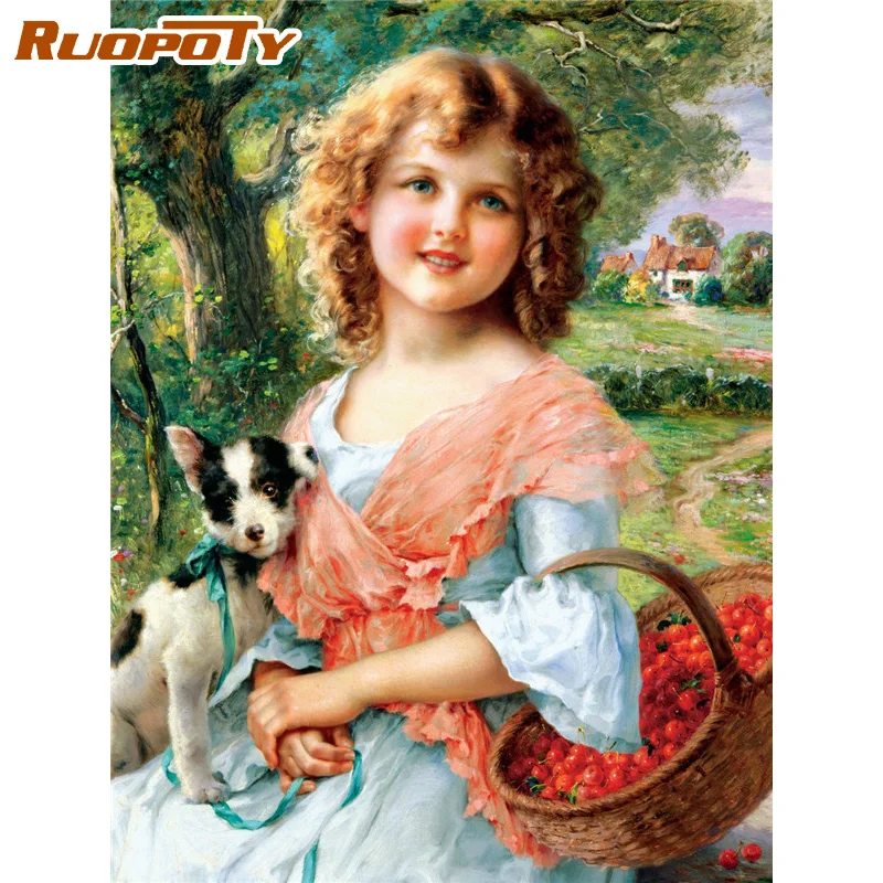 

RUOPOTY Acrylic Frame Diy Painting By Numbers Kits Girl And Dog Figure Picture Wall Art Handpainted Oil Painting For Home Decors