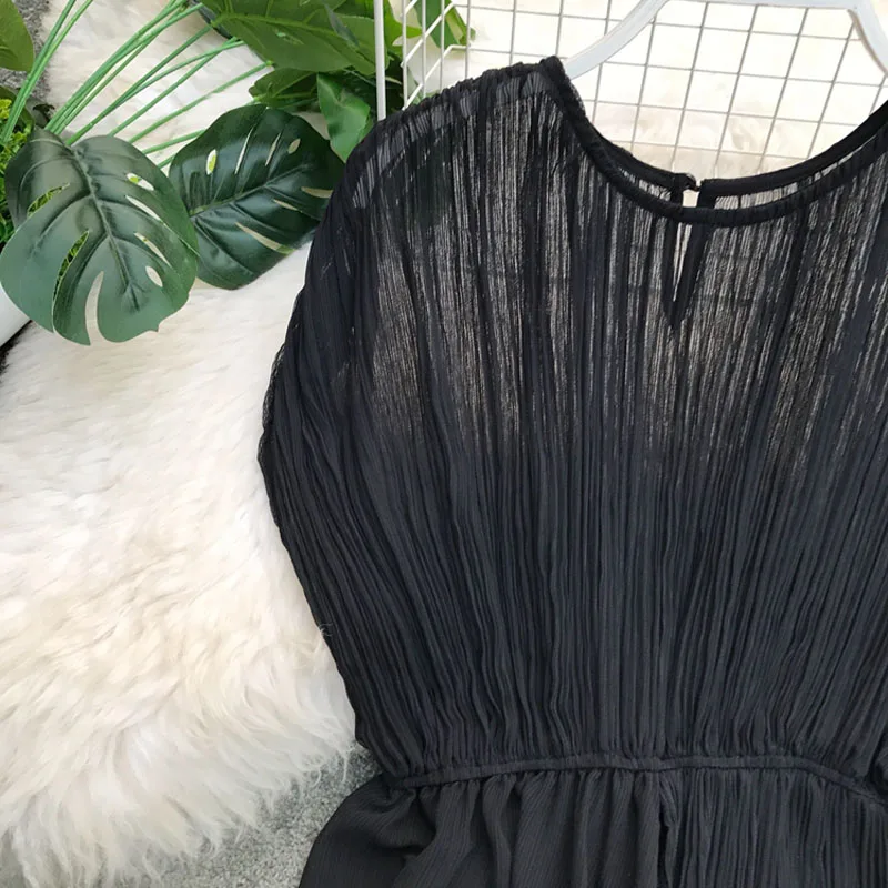 

Summer Pleated Round Neck Slim Chiffon Shirt Women's Casual Wild Sleeveless Shirt Solid Color Fashion Personality WA