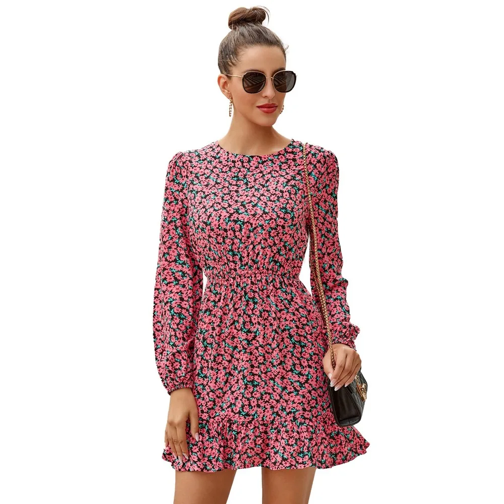 

Floral Print Mini Dress Women 2020 New Fashion Elegant Ruffles Full O Neck A Line Casual Party Female Dress Vestido De Mujer