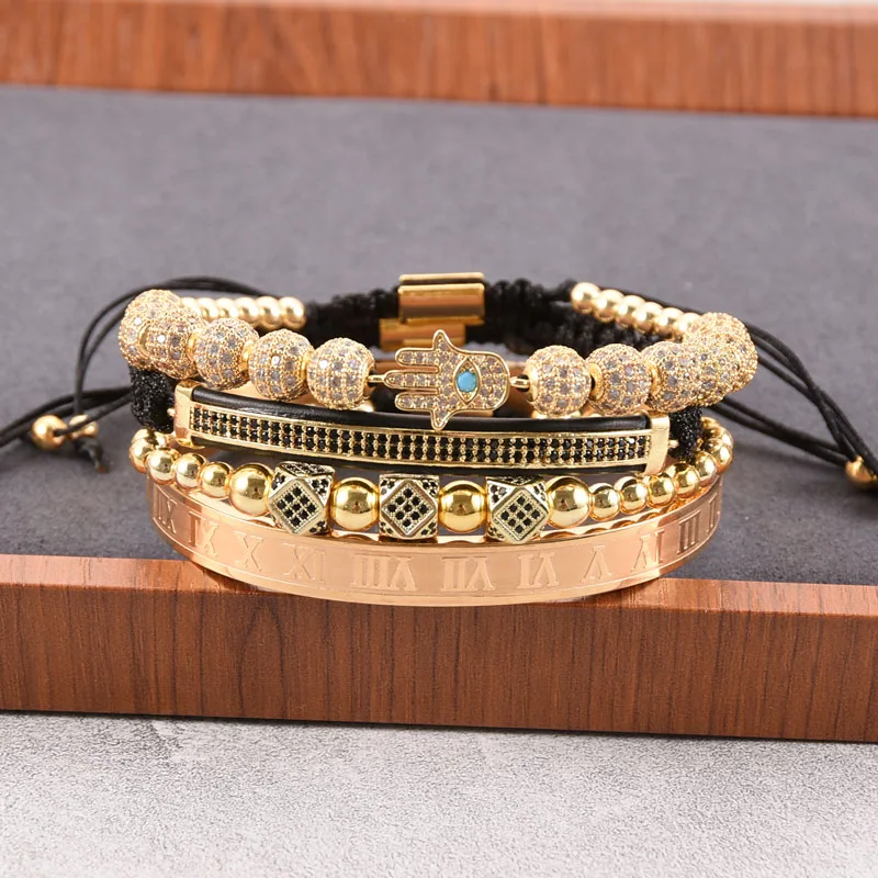 

4pcs/set Luxury Jewelry Zircon Hip Hop Bracelets Men Cubic Micro Pave CZ Charm Braided Braiding Pulseira