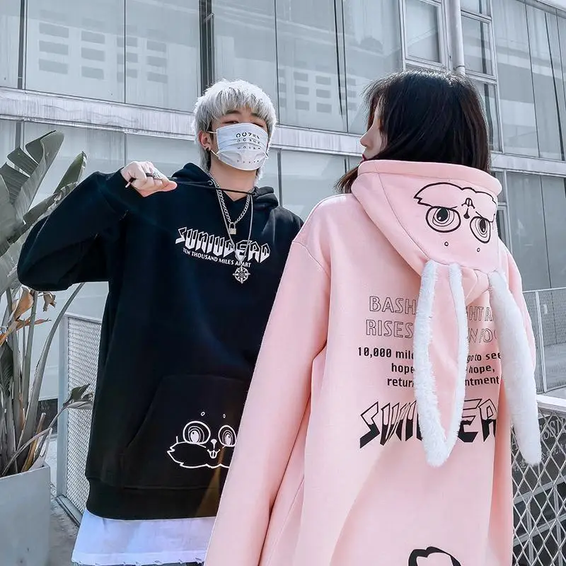 

Longsleeve Bunny Hoodie Female Oversized Hoodie Plus Velvet Thickening Couples Matching Hoodies Autumn Loose Pink Black Hoodie