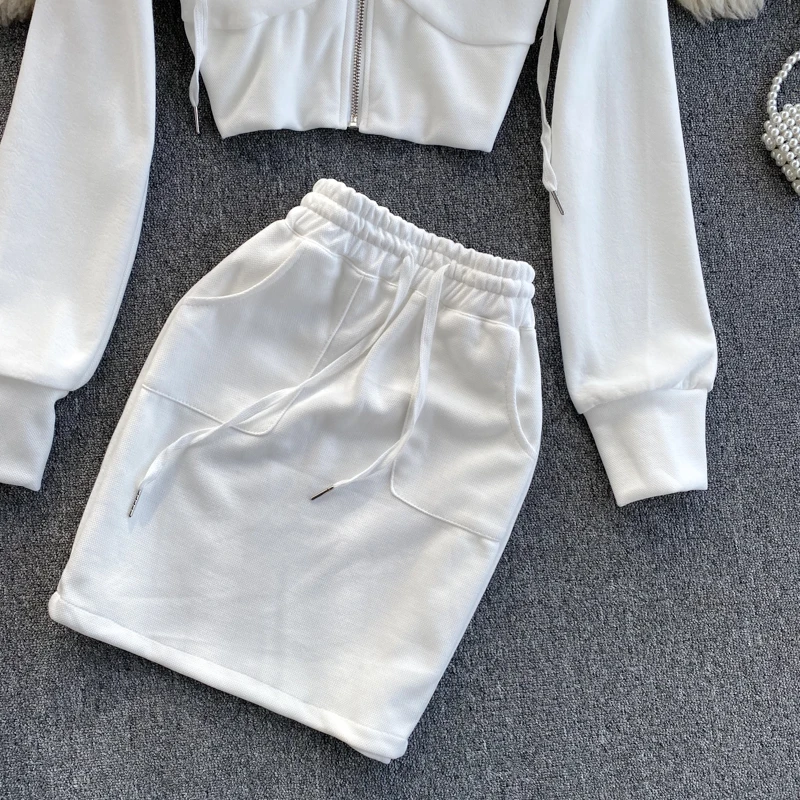 

Vintage Purple/Black/White Two Piece Set Women Casual Hooded Zipper Cardigan + High Waist Mini Skirt Female New Spring Autumn