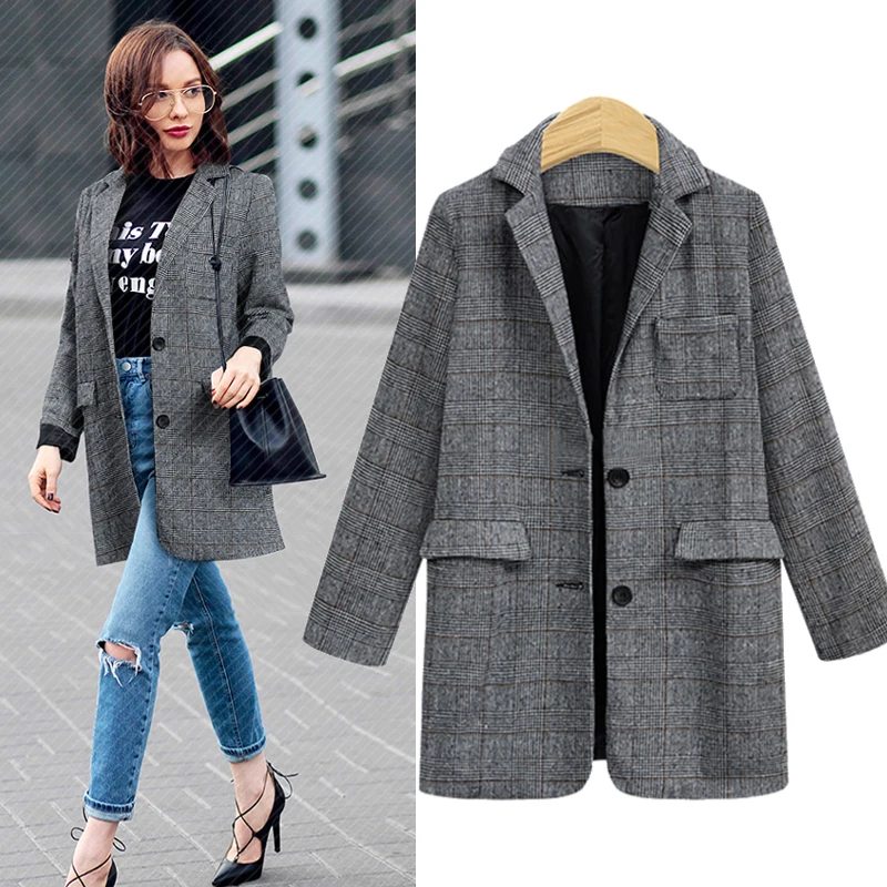 Винтажный однобортный клетчатый женский блейзер с карманами женские ретро