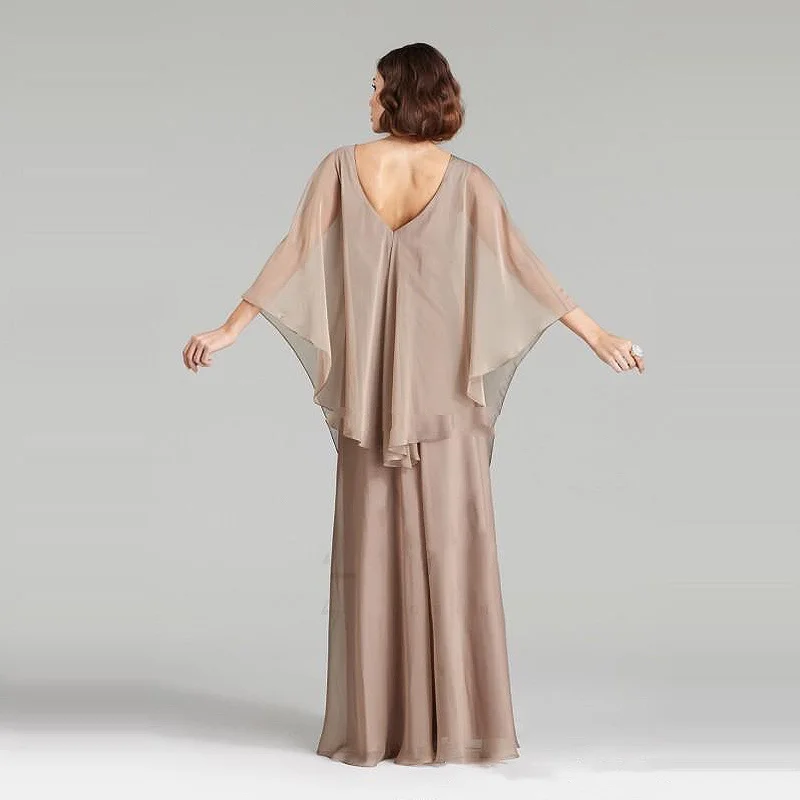 

Retro Mother of The Bride Dresses V-neck Cloak Sleeves Formal Party Gowns Beading Rhinestone Chiffon Mother Dresses for Wedding