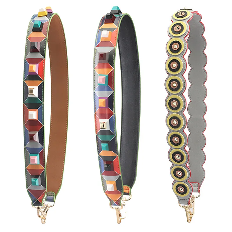 Geniune Leather Wide Bag Strap for Crossbody Rivet Flower Accessories Luxury DIY Handbag Cowhide Straps Bags Shoulder Handles