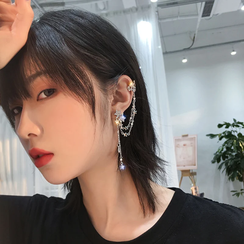 

Newest Rhinestone Star Dangle Cuff Earrings Imitation Pearls Non Piercing Ear Clip Earrings