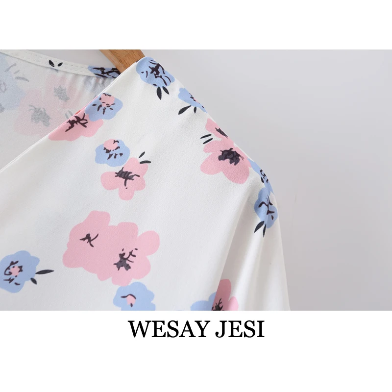 

WESAY JESI 2021 Summer Dress Chic Fashion Sweet Printed V-neck Ruffled Mini Skirt Temperament Elegant Short Sleeve Dress Bohemia