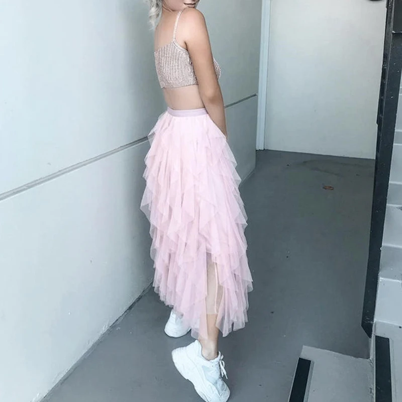 

Fashion Elastic High Waist Long Tulle Skirt Women Irregular Hem Mesh Tutu Skirt 2020 Spring Party Skirt Ladies Dropshipping