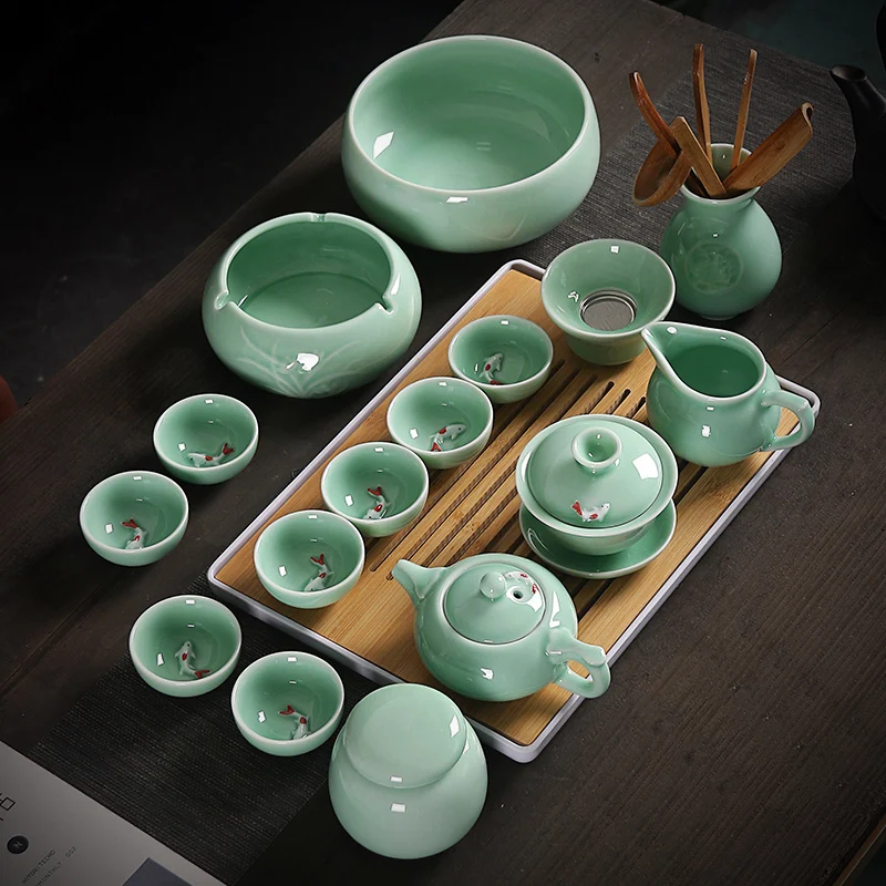 

Chinese Style Celadon Kung Fu Tea Set, Home Office Ceramic Carp Cup, Bowl Cover, Teapot, Tea Washing Plate, Tea Cup Set