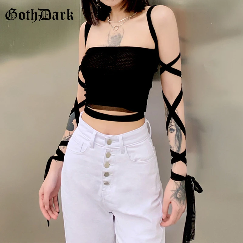 Goth Dark Y2k Gothic Punk Black Women Camis Lace Up Backless Bodycon Crop Tops Emo Alternative Clothes Fashion Summer Streetwear | Женская