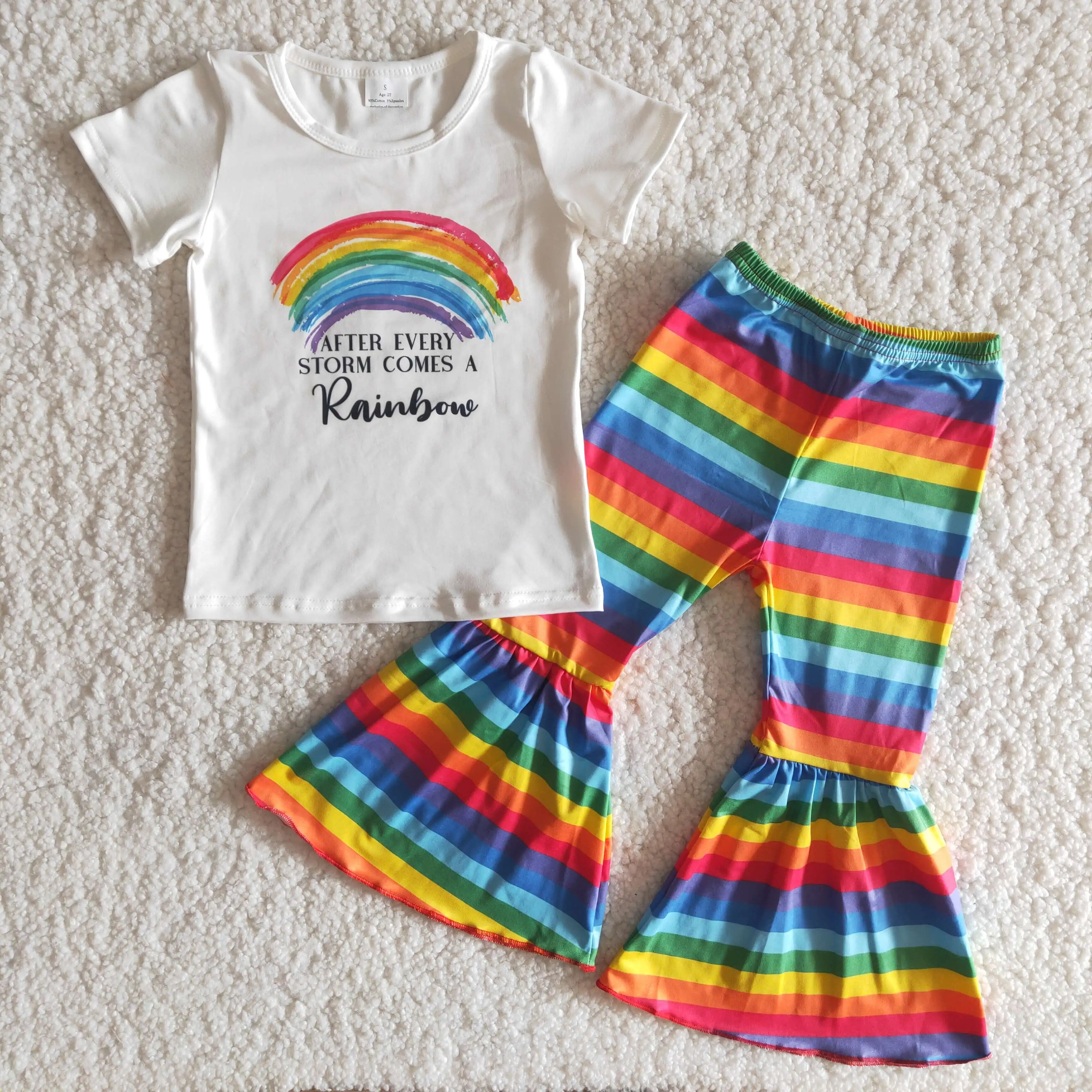 

2021 New Baby Girls Clothes Rainbow Print Short Sleeve Colourful Long Bell-Bottom Pants Toddler Kids Wear